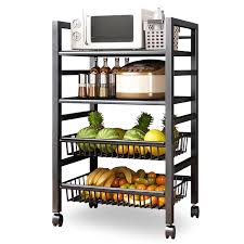Heavy Metallic 4-Layer Vegetable Rack with Movable Wheels, Mesh Baskets & Microwave Holder, Durable Kitchen Storage Organizer