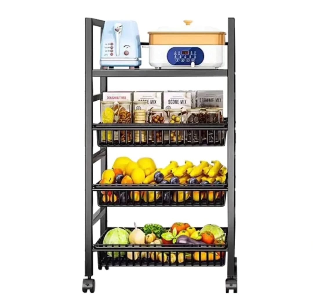 Heavy Metallic 4-Layer Vegetable Rack with Movable Wheels, Mesh Baskets & Microwave Holder, Durable Kitchen Storage Organizer