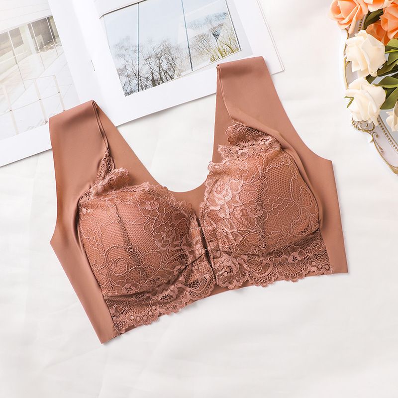 Hot-selling European and American cross-border large-sized gathering front buckle bra, fixed cup lace vest bra for ladies