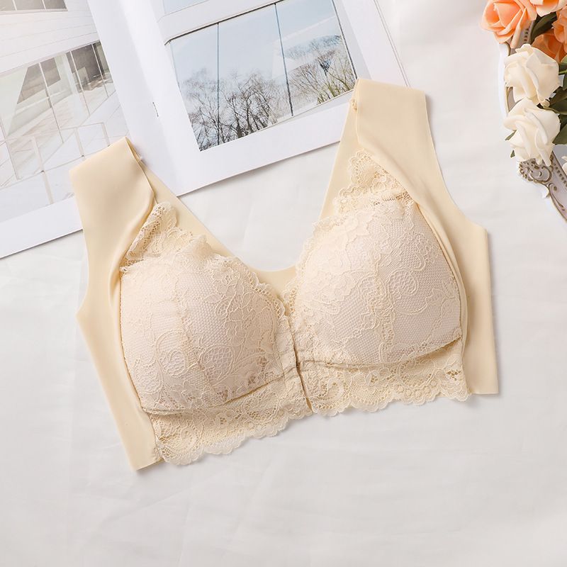 Hot-selling European and American cross-border large-sized gathering front buckle bra, fixed cup lace vest bra for ladies