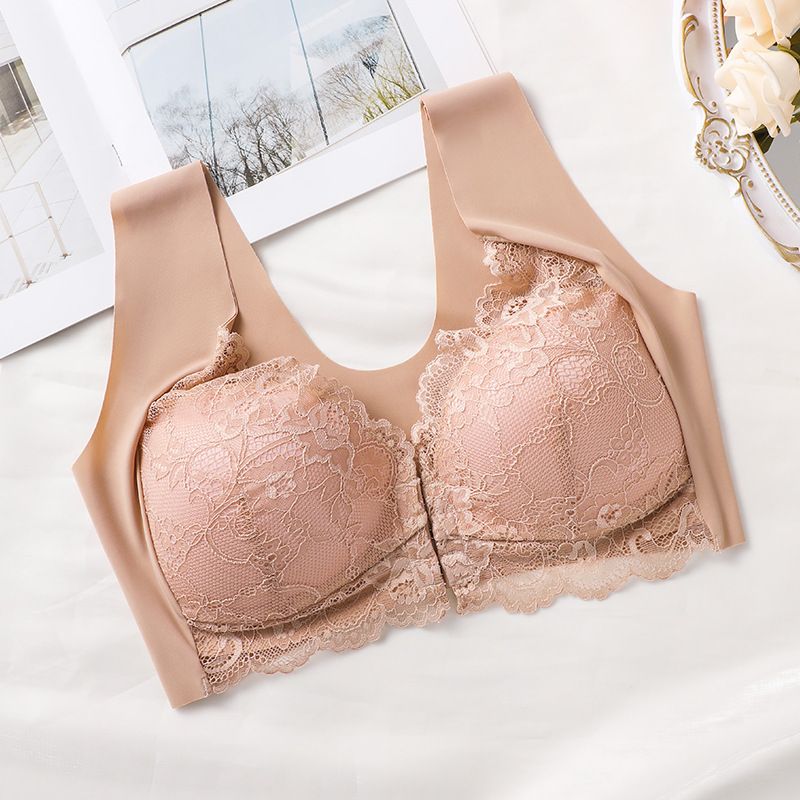 Hot-selling European and American cross-border large-sized gathering front buckle bra, fixed cup lace vest bra for ladies