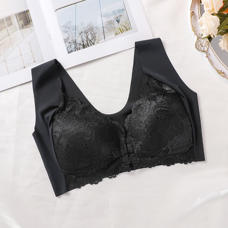 Hot-selling European and American cross-border large-sized gathering front buckle bra, fixed cup lace vest bra for ladies
