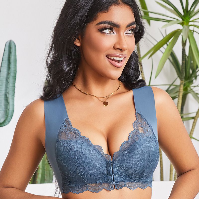 Hot-selling European and American cross-border large-sized gathering front buckle bra, fixed cup lace vest bra for ladies