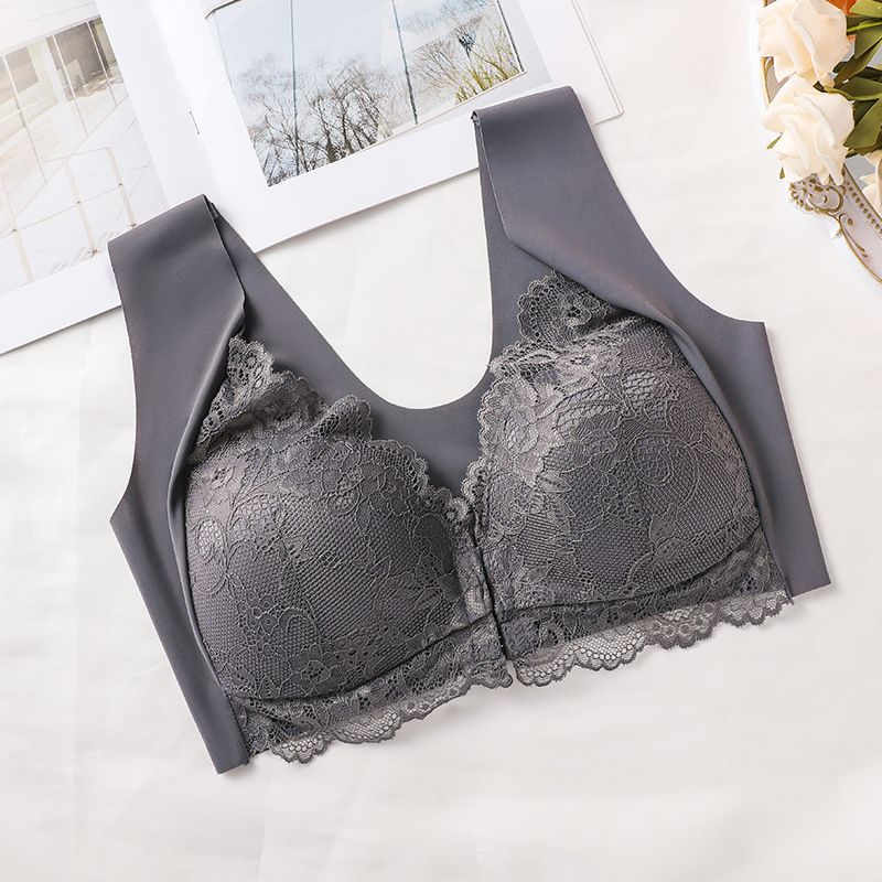 Hot-selling European and American cross-border large-sized gathering front buckle bra, fixed cup lace vest bra for ladies