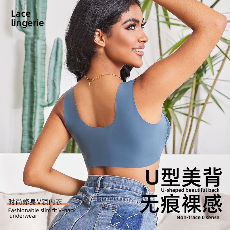 Hot-selling European and American cross-border large-sized gathering front buckle bra, fixed cup lace vest bra for ladies
