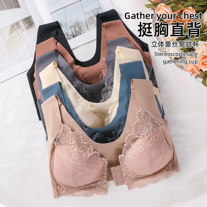 Hot-selling European and American cross-border large-sized gathering front buckle bra, fixed cup lace vest bra for ladies