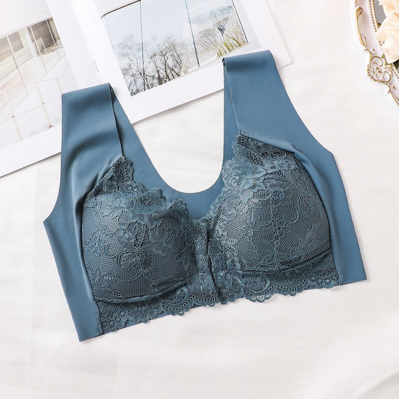 Hot-selling European and American cross-border large-sized gathering front buckle bra, fixed cup lace vest bra for ladies