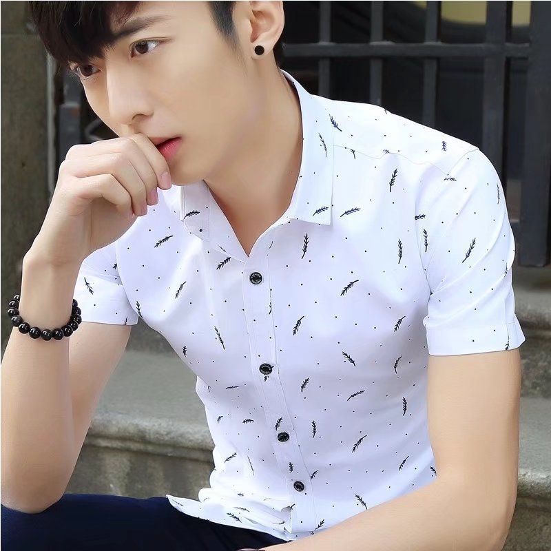 For the summer of 2025, men's collar short-sleeved shirt, cotton breathable shirt, casual printed feather, simple and trendy men's wear