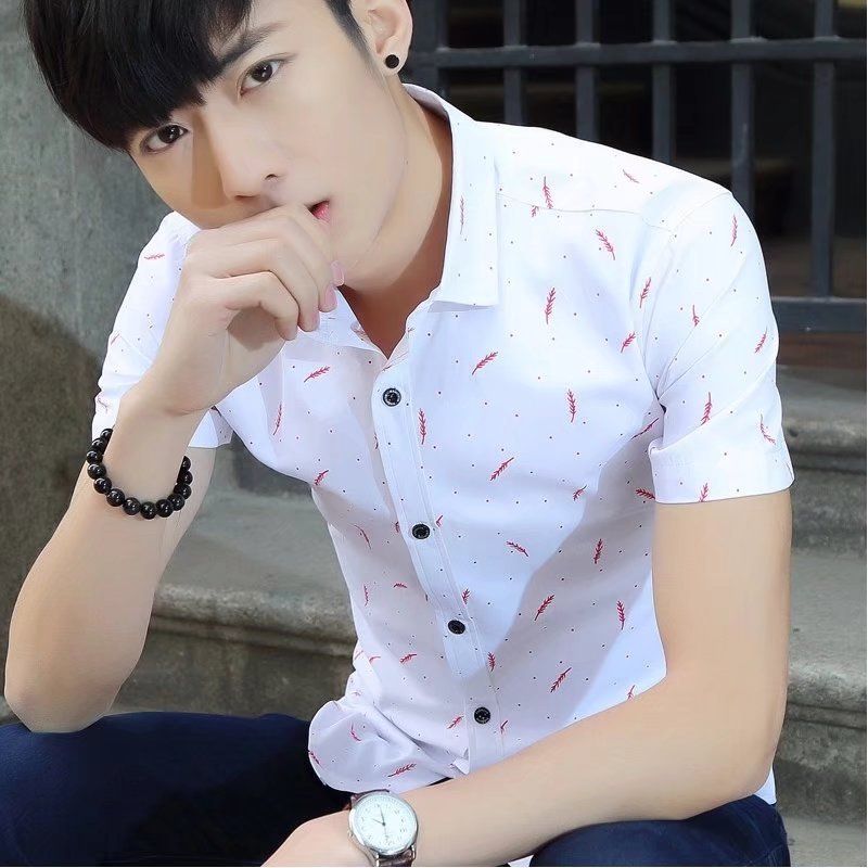 For the summer of 2025, men's collar short-sleeved shirt, cotton breathable shirt, casual printed feather, simple and trendy men's wear