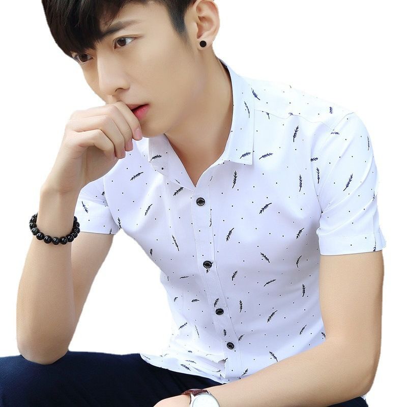 For the summer of 2025, men's collar short-sleeved shirt, cotton breathable shirt, casual printed feather, simple and trendy men's wear