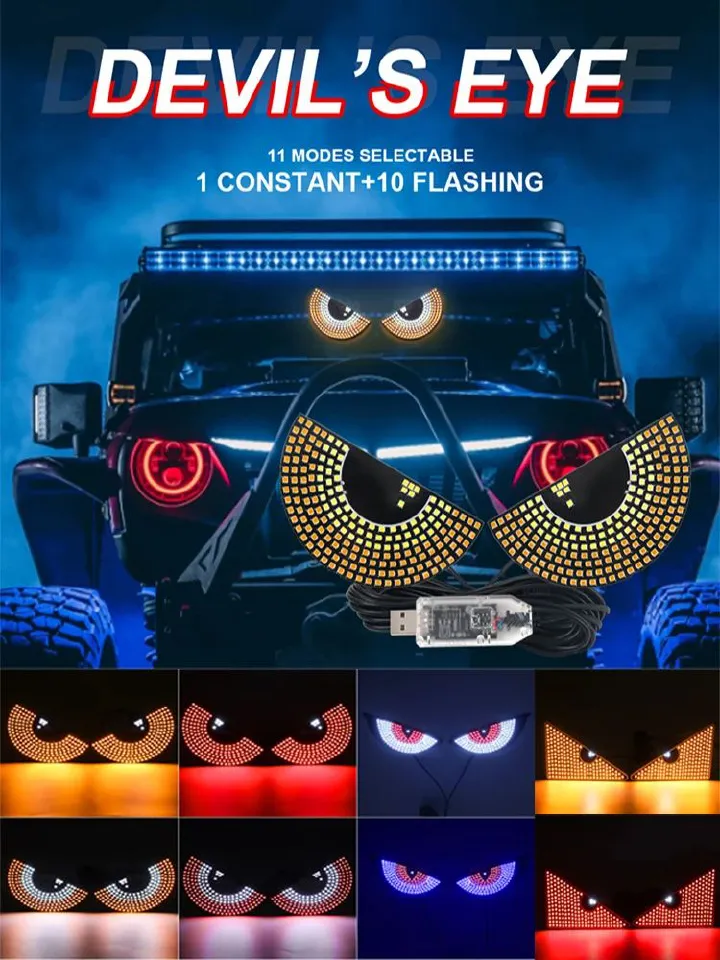 2PCS LED Signal Lights Car Expression Strobe Warning Light For Car Windshield USB Flashing Devil’s Eyes Glow Flexible LED Panel
