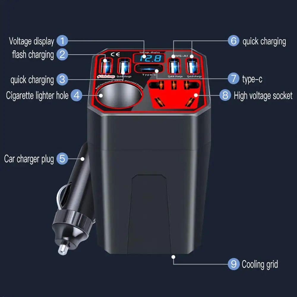 Power Inverter for Vehicle,Car Power Inverter,Multi-function Car Charger Adapter, Multi-function Multiport Converter Car Adapter Plug, Efficient Power Inverter for Vehicle