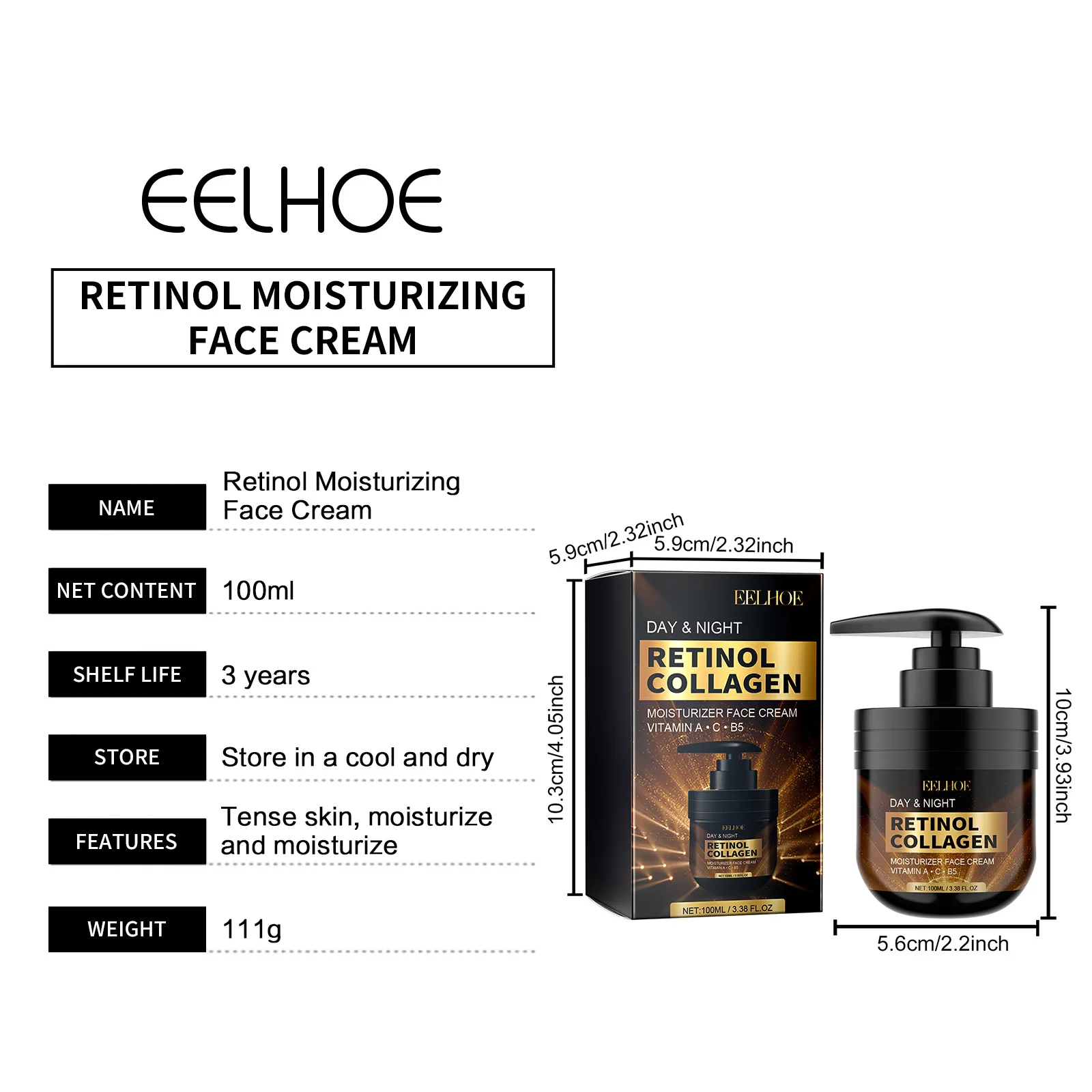EELHOE Retinol Face Cream Collagen Moisturizing Face Firming Lifting Wrinkle Removal Pore Shrinking Vitamin C Facial Cream 100ml