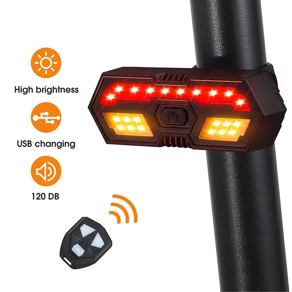 Smart Bicycle Turn Signal Light Wireless Remote Control Rechargeable Bike Rear Lamps Outdoor Security Cycling Waterproof 6 Modes Warning Lights with Buzzer