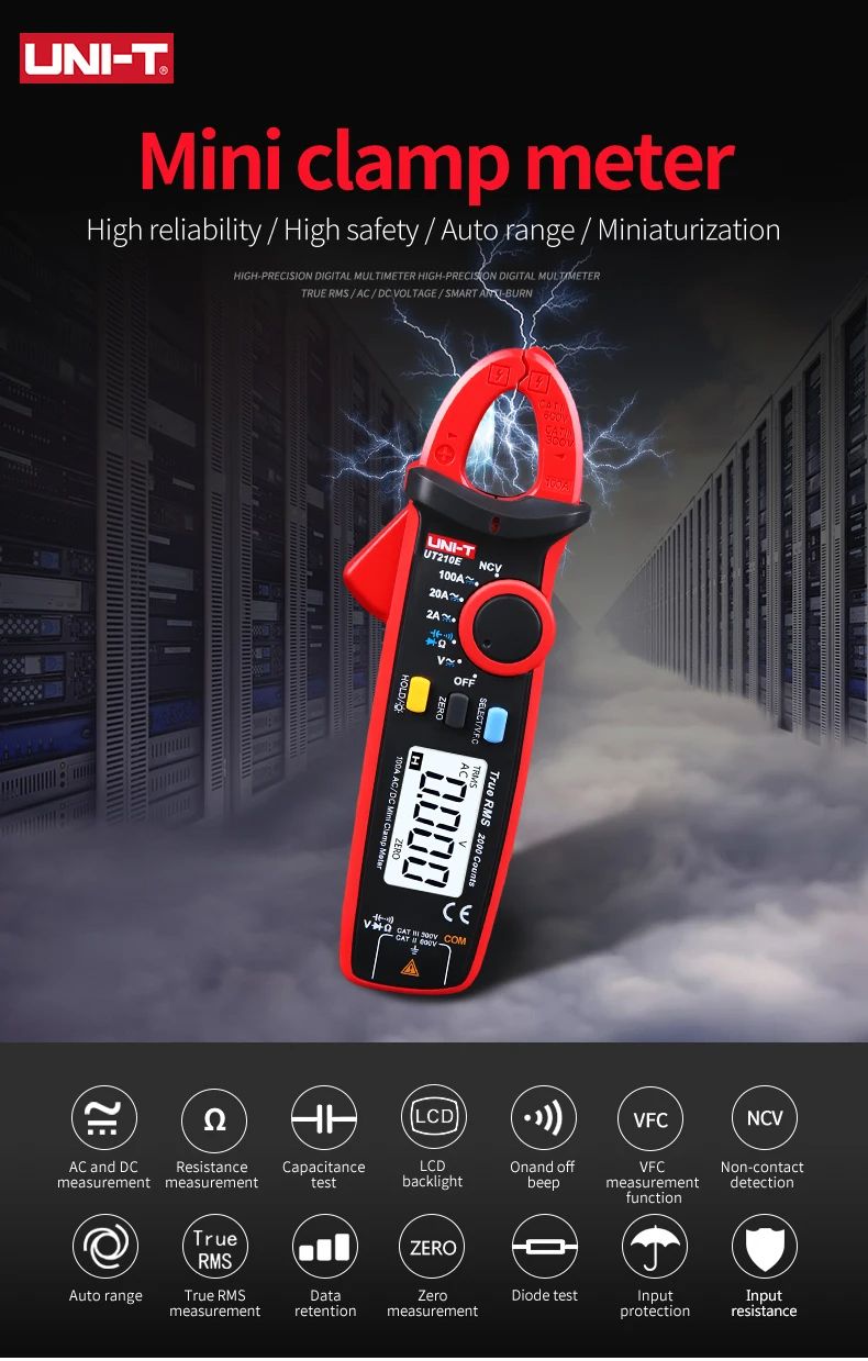 UT210E Mini Digital Clamp Meters AC/DC Current Voltage Auto Range VFC Capacitance Multimeter