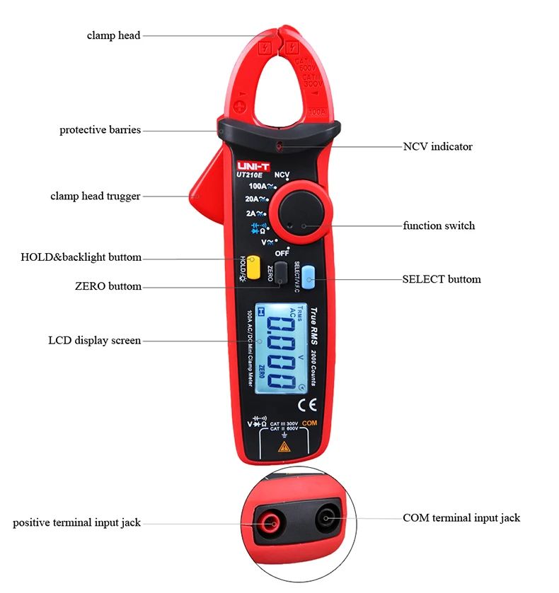 UT210E Mini Digital Clamp Meters AC/DC Current Voltage Auto Range VFC Capacitance Multimeter