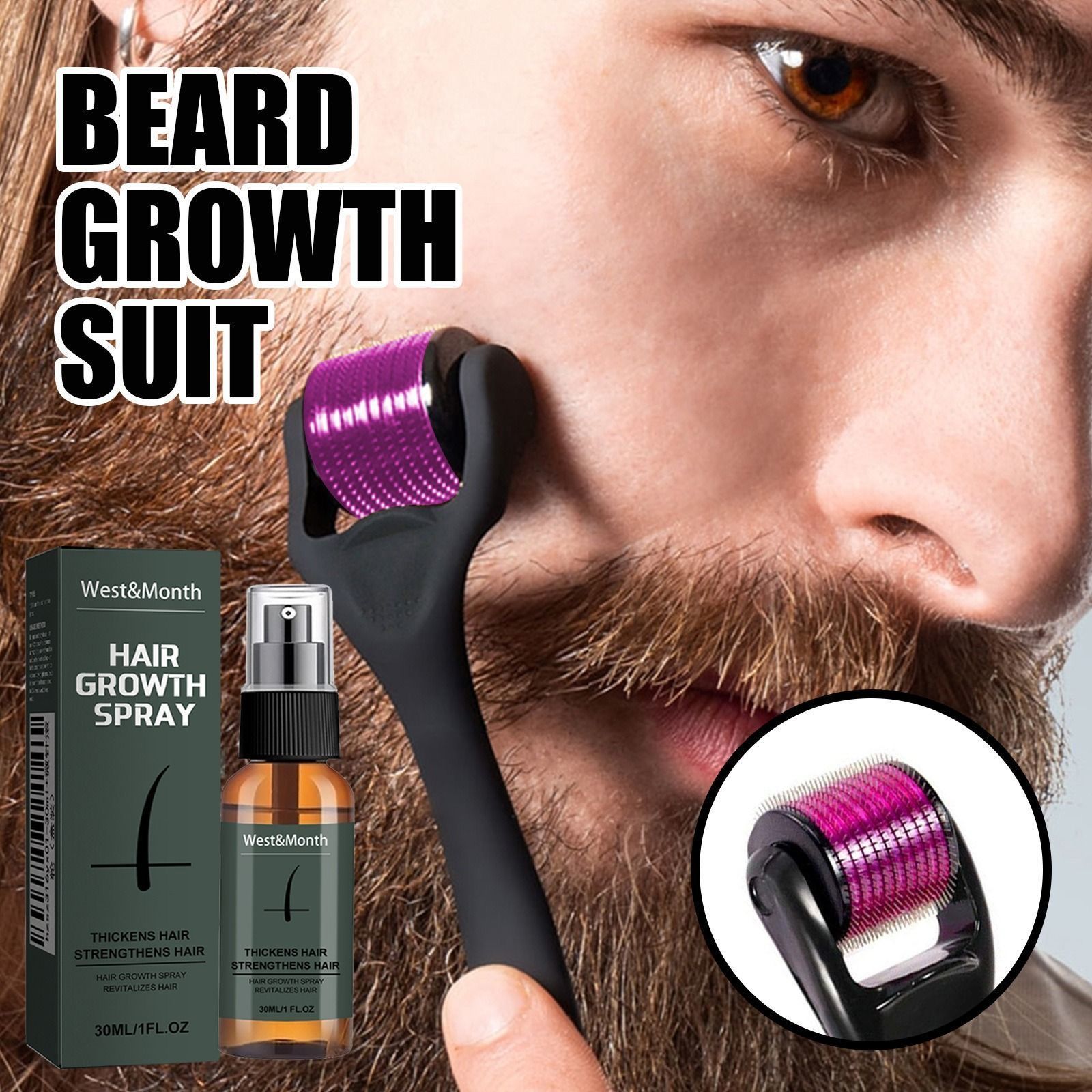 Men Beard Growth Spray Nourishing Moisturizing Beard Care Serum Roller Set Thick Beard Growth Enhancer Maintenance Hair Loss