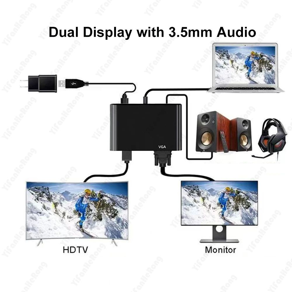 VGA to VGA HDMI 3 in 1 Adapter Splitter Dual Display With 3.5mm Audio Converter for PC Projector HDTV Multi-port VGA Adapter