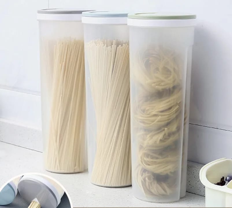 Spaghetti container with lid. They are made from durable, BPA-free plastic. Designed for maximum freshness and convenience, these containers feature airtight lids to keep your dry goods fresh for long