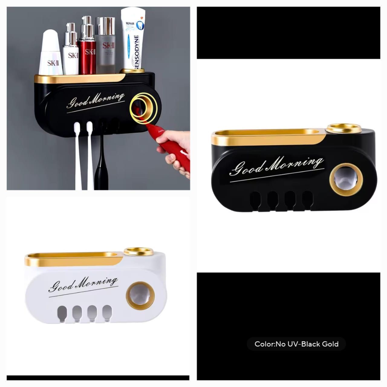 High Quality Toothbrush Holder Toothpaste Dispenser, Good Morning Automatic Toothpaste Dispenser & Toothbrush Holder With Storage Shelf - Wall Mounted.