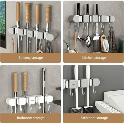 4-Holes Multi-Purpose Hooks Mop Hanger / Rack with  Hanging Hooks & Self adhesive Stickers