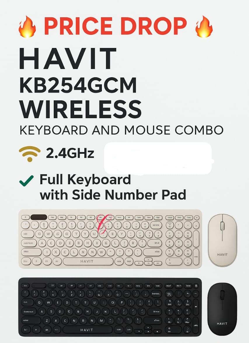 Havit KB254GCM Wireless Keyboard and Mouse Combo. 
This product is:
A wireless peripheral set
It includes both a full-sized keyboard with a side number pad and a mouse, designed to connect wirelessly