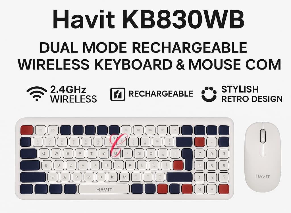 Havit KB830WB Dual Mode Rechargeable Wireless Keyboard & Mouse Combo. 
This combo features:
Dual Mode Connectivity:
It can connect wirelessly via both 2.4GHz and Bluetooth 5.1, allowing seamless switc