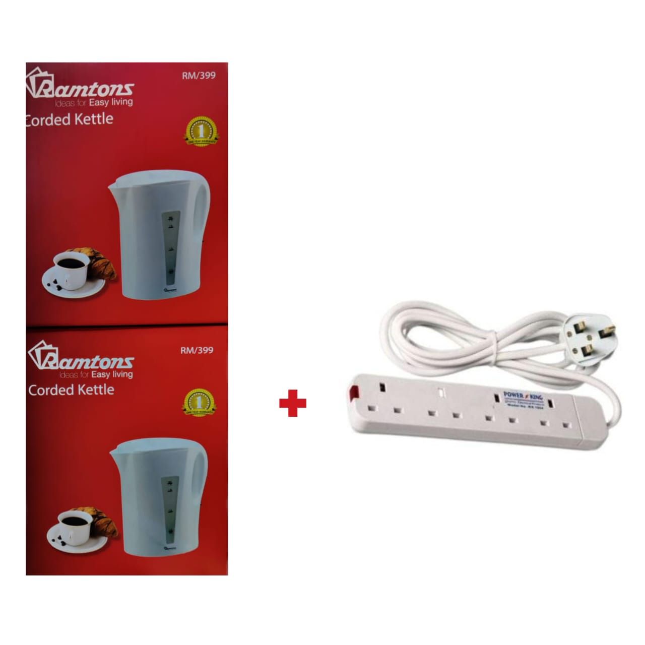 Ramtons RM/399 Corded Electric Kettle bundled with a Power King extension cord.
Capacity: 1.7 liters (1700 ml)