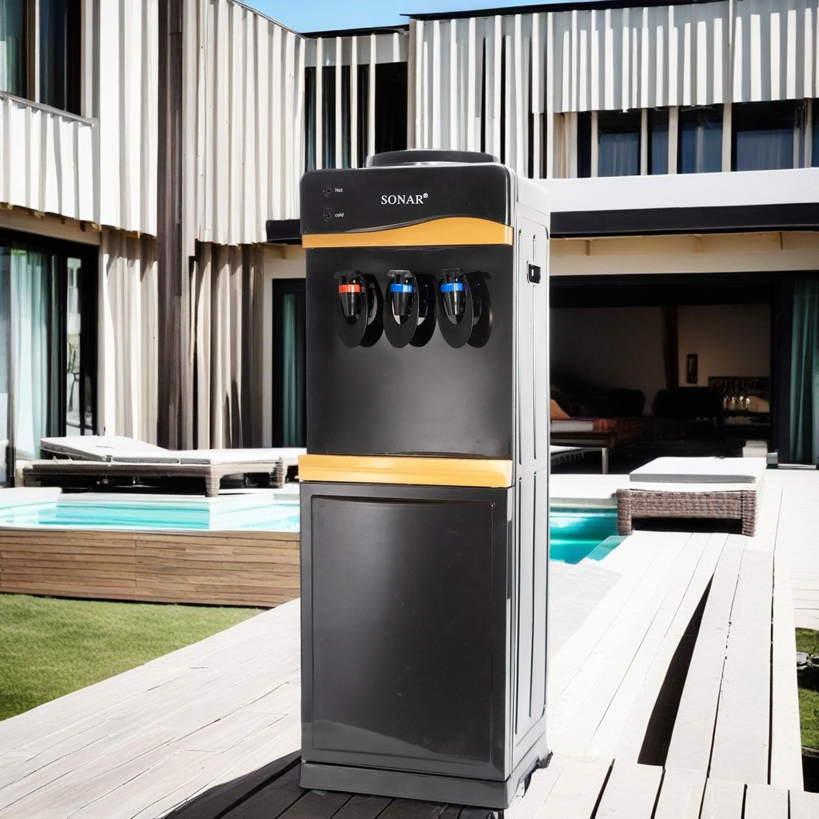 BLACK SONAR B7C 3-TAP WATER DISPENSER – HOT, NORMAL & COLD
Stay hydrated in style with the Black Sonar B7C Water Dispenser, featuring three taps for hot, normal, and cold water. Its sleek black design