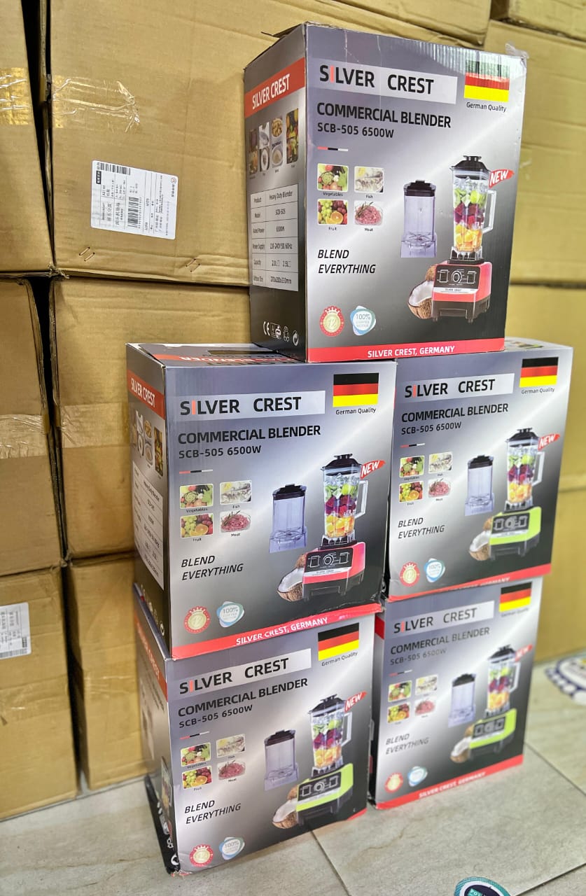 Silver Crest Commercial Blender, model SCB-505. This is a heavy-duty blender designed for various tasks, including making smoothies, crushing ice, and grinding nuts and spices. 
Model: SCB-505
Power: