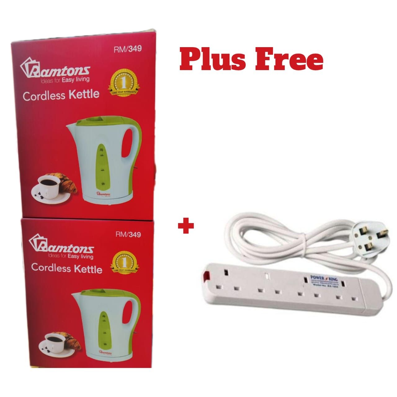 Ramtons Cordless Kettle and a Power King power strip. 
Ramtons Cordless Kettle (RM/349): This is a small kitchen appliance used to boil water. It is cordless, meaning the kettle itself can be lifted f