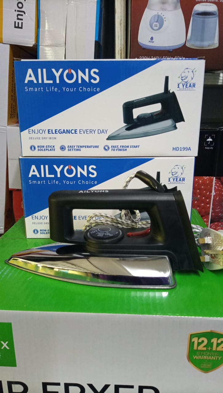 Ailyons HD-199A Electric Dry Iron.
It has a non-stick stainless steel or aluminum soleplate and a power rating of 1000W. 
The iron features an adjustable thermostat control and a power indicator light