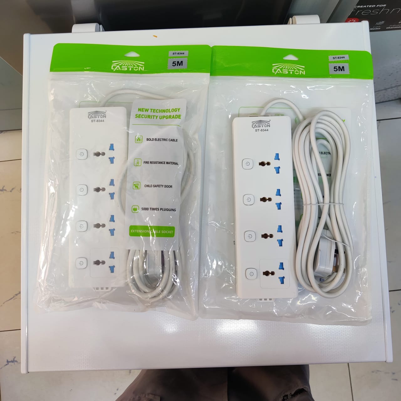 Caston 4-way extension cable with a 5-meter cord.
The product is also known as a Caston 4-way power extension cable or power strip. 
It is suitable for charging various electronic devices. 
The extens