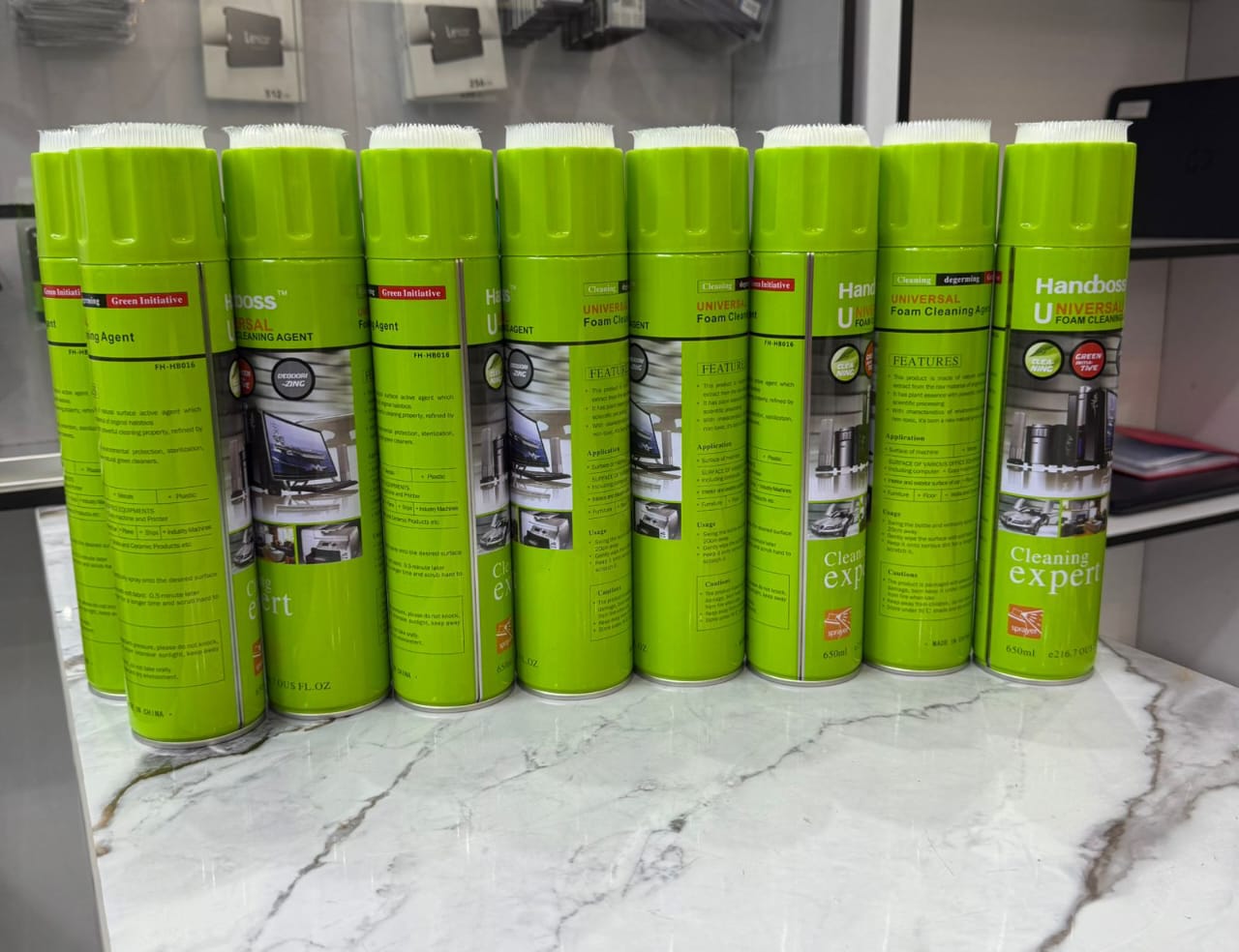 Handboss Universal Foam Cleaning Agent.
It is a multi-purpose foam cleaner that can be used on various surfaces, including plastics, metals, furniture, and car interiors. 
The foam formula clings to s