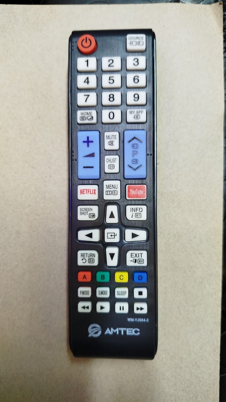 Amtec Smart TV remote control. It is a replacement remote control for Amtec televisions. 
It is suitable for all sizes of Amtec televisions. 
It is a universal replacement for Amtec LED and Android Sm