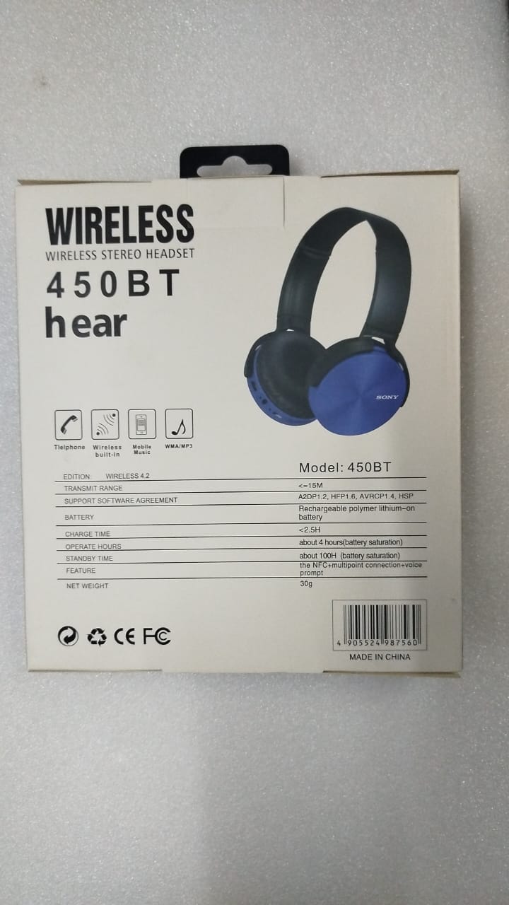 Sony 450BT wireless stereo headphones.
Based on the packaging and similar products, here is some shopping information:
The headphones are wireless and feature Bluetooth connectivity. 
They are designe