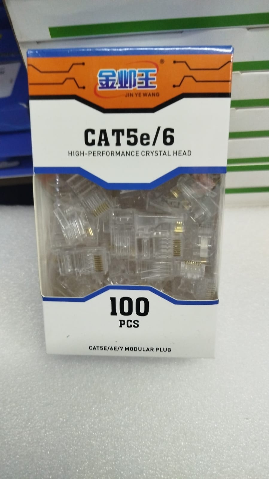 Jin Ye Wang CAT5e/6 high-performance crystal heads, also known as RJ45 connectors or modular plugs. These are used to terminate Ethernet cables for networking applications. 
Key information: 
Brand: J