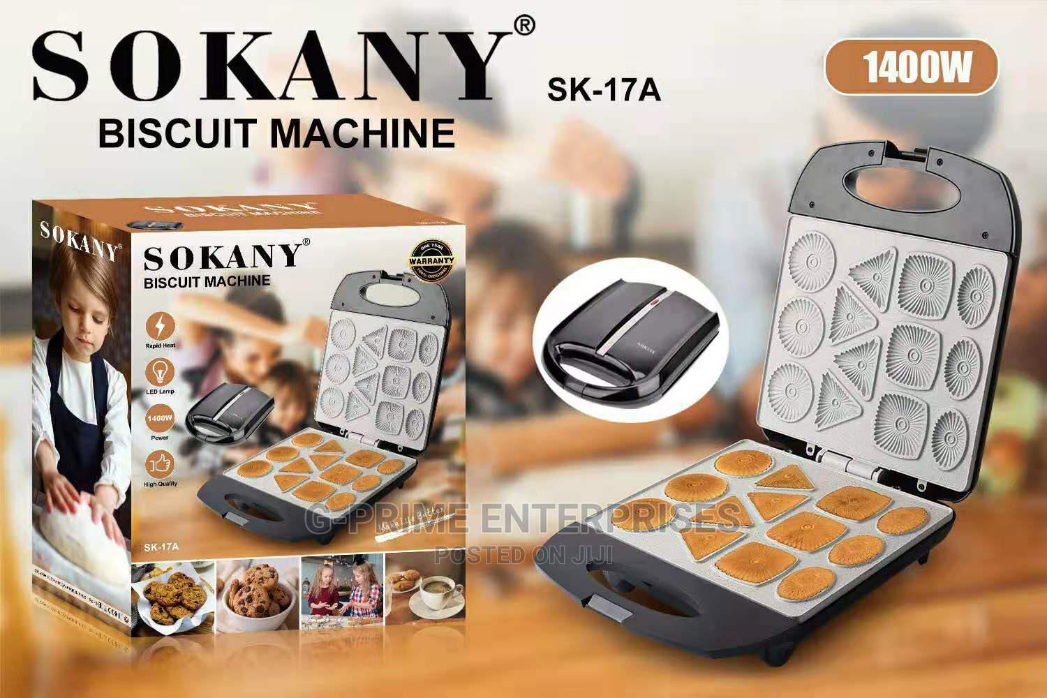 Sokany Biscuit Machine, model number SK-17A. This electric appliance is designed for baking multiple cookies or biscuits simultaneously. 
Here are some key features of the machine:
Capacity: It has 13