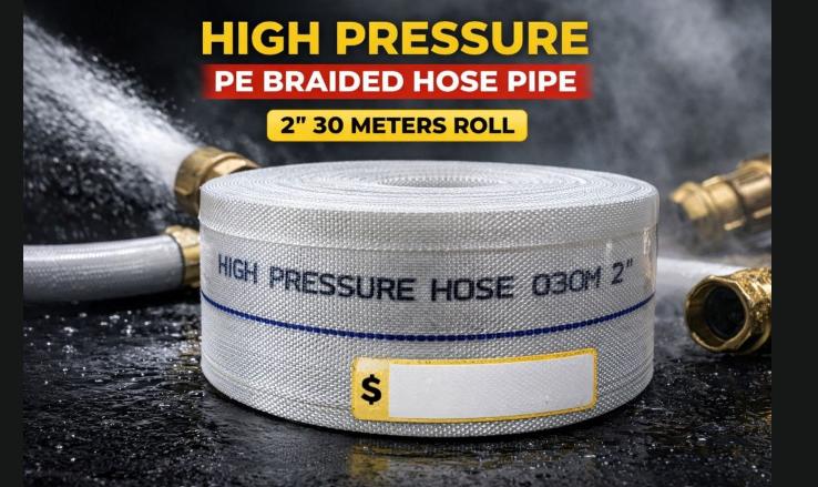 The High Pressure PE Braided Hose Pipe (2" x 30m roll) is a durable, flexible water delivery hose designed for heavy-duty use. It features reinforced PE braiding for strength, high pressure resistance
