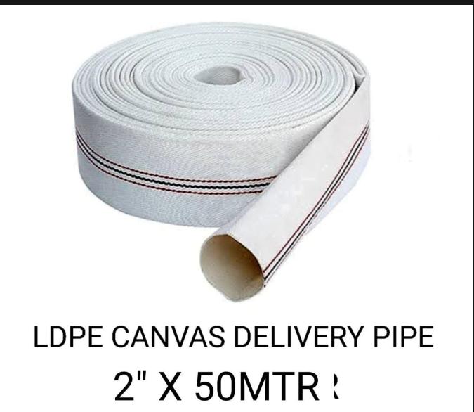 The LDPE Canvas Delivery Pipe (2" x 50 meters) is a lightweight, flexible water discharge hose designed for irrigation and drainage. It features durable LDPE construction with canvas reinforcement