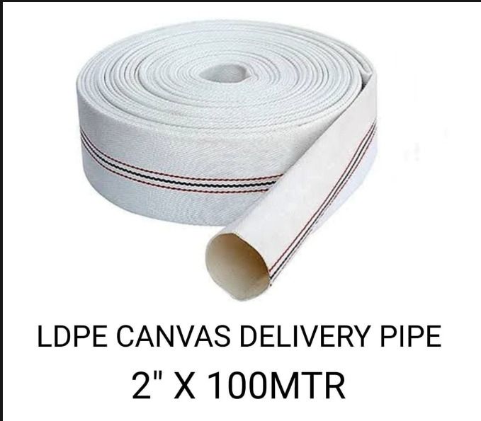 The LDPE Canvas Delivery Pipe (2" x 100 meters) is a durable, flexible water discharge hose ideal for irrigation, dewatering, and construction use. It features strong LDPE material with canvas