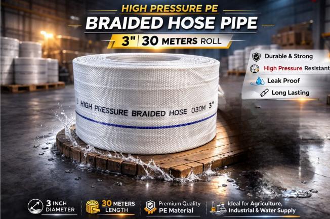 The High Pressure PE Braided Hose Pipe (3" x 30 meters roll) is a heavy-duty, flexible hose designed for high-volume water delivery. It features reinforced PE braiding for enhanced strength