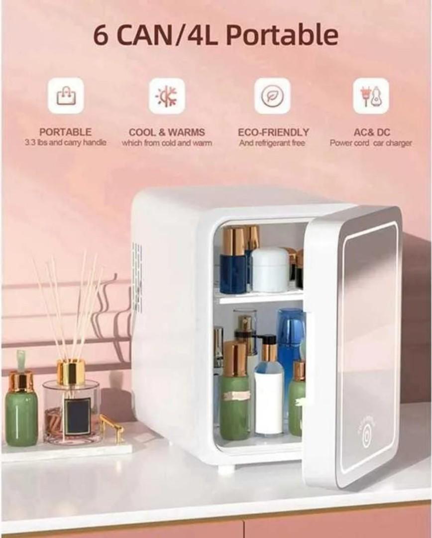 4L Portable Beauty car fridge with mirror and duo power option (car cigar DC power or AC power) now available in white or pink colour