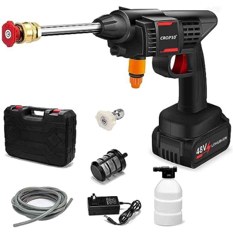 Portable High power 2 nozzle cordless car wash machine with  DOUBLE rechargeable batteries size (12000mAH 48V)
allows you to use the fully charged one while charging the other one.
