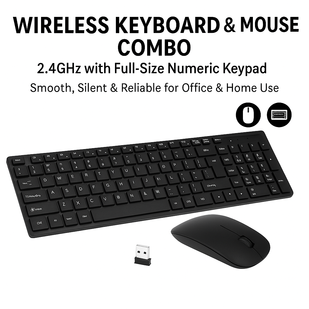 🔥 Wireless Keyboard & Mouse Combo – 2.4GHz with Full-Size Numeric Keypad | Smooth, Silent & Reliable for Office & Home Use 🖱️⌨️