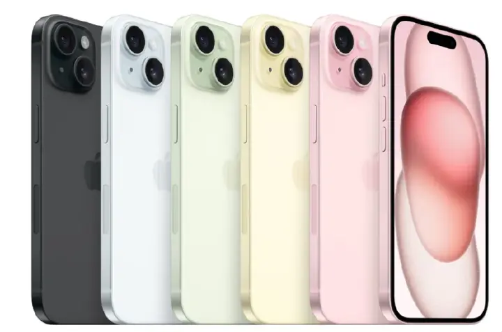 iPhone 15 features a 6.1-inch OLED, A16 chip, 48MP camera, USB-C, 5G, Dynamic Island, and iOS 26