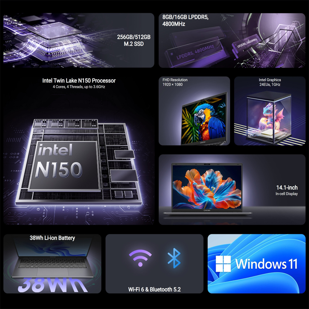 Brand new laptop Chuwi Gemibook XPro N150 ultrabook: (2X faster i7 7th), 16GB+512GB SSD, 14" Full HD Ultrabook with Long Battery Life & Free Win 11 system WiFi6 Bluetooth 5.2 HP