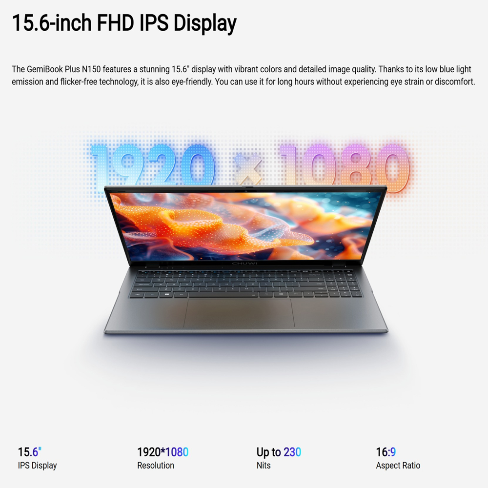 Brand new Chuwi Gemibook Plus N150 ultrabook: (2X faster i7 7th), 16GB+512GB SSD, 15.6" Full HD Ultrabook with Long Battery Life & Free Win 11 system WiFi6 Bluetooth 5.2 HP Dell Asus Lenovo Killer