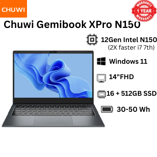 Brand new laptop Chuwi Gemibook XPro N150 ultrabook: (2X faster i7 7th), 16GB+512GB SSD, 14" Full HD Ultrabook with Long Battery Life & Free Win 11 system WiFi6 Bluetooth 5.2 HP