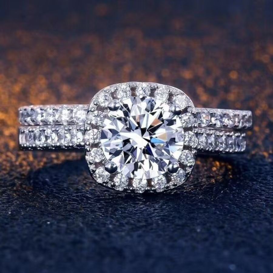 2pc wedding engagement ring bridal ring square inlaid zircon ring jewelry couple set ring, ladies size 5-11 Silver